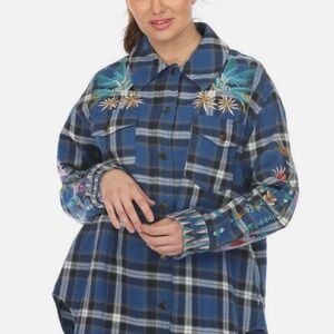 Johnny Was Gabriella Embroidered Blue Plaid Shirt Jacket